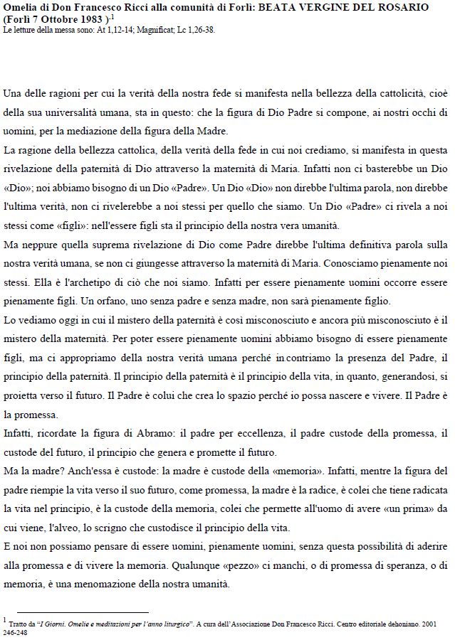 Omelia di Don Francesco Ricci alla comunità di Forlì: Beata Vergine del Rosario